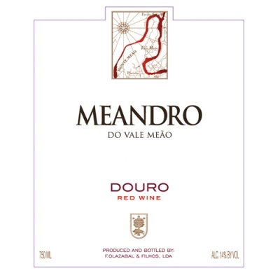 Rótulo de vinho tinto MEANDRO DO VALE MEÃO com mapa e texto em branco, castanho e vermelho