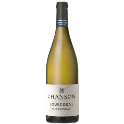 Garrafa de vinho branco Chanson Bourgogne Chardonnay com rótulo branco