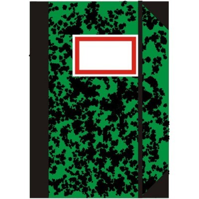 Caderno verde e preto com etiqueta vazia e elástico preto