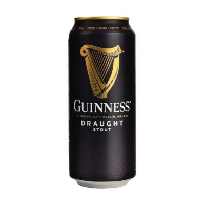 Lata preta de cerveja Guinness Draught Stout com logotipo dourado e texto branco