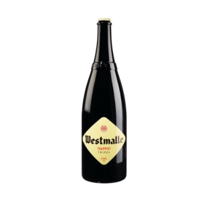 Garrafa preta de cerveja Westmalle Trappist Tripel com rótulo branco