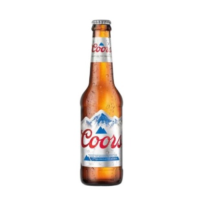 Garrafa de cerveja Coors com rótulo branco e montanhas azuis