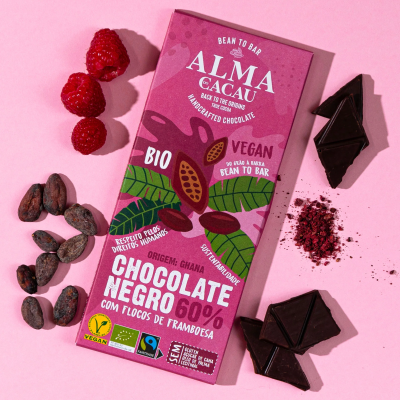 Tablete de Chocolate Negro 60% com Flocos de Framboesa BIO 100g - Alma de Cacau
