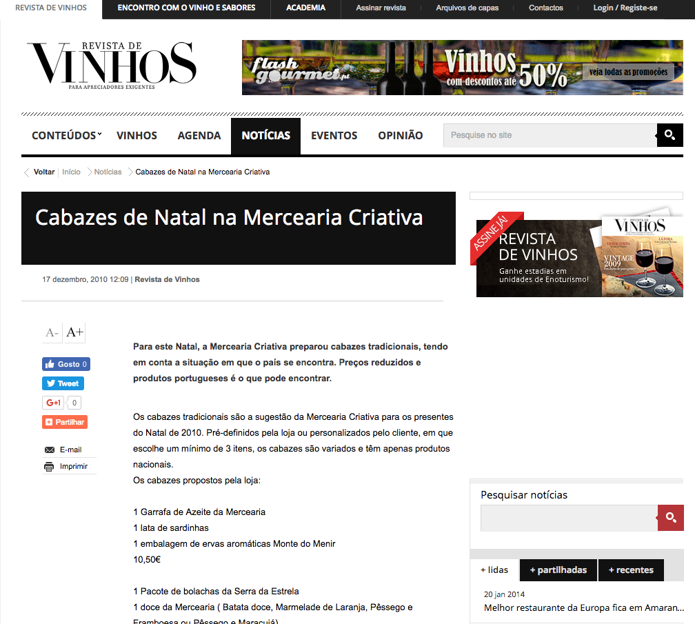Página web da Revista de Vinhos sobre Cabazes de Natal na Mercearia Criativa