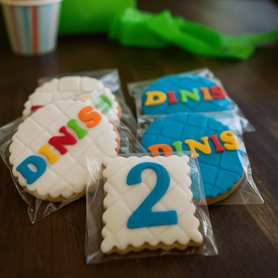 Biscoitos decorados com glacê branco e azul com letras coloridas e número 2