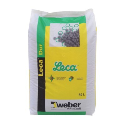 Saco de produto Leca Dur 50L com design amarelo, branco e verde.