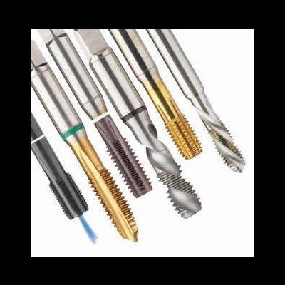 Seis machos para roscar metálicos com cores variadas e diferentes formatos