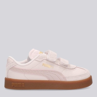 Ténis infantis Puma rosa claro com sola castanha e velcro.