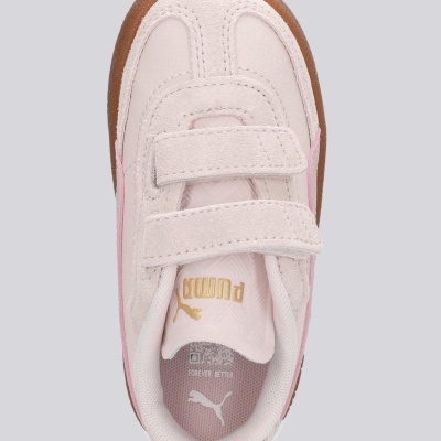 Ténis infantil rosa claro com sola castanha e tiras velcro