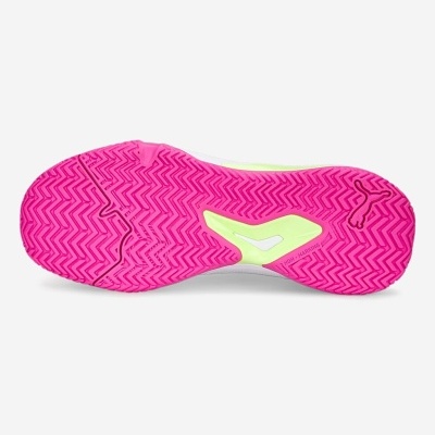 Sola de tênis rosa com padrão zig-zag e logo Nike amarelo e branco