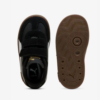 Ténis infantis Puma preto com branco e castanho, fecho velcro, sola castanha