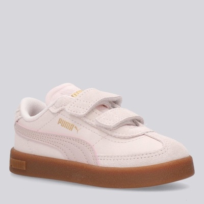 Ténis Puma bege claro com sola castanha e fecho em velcro.