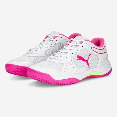 Sapatilhas brancas e cor-de-rosa Puma com sola cor-de-rosa e detalhe amarelo-neon