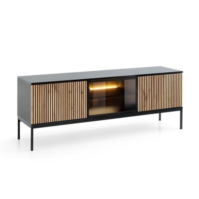 Móvel TV Carvalho com Ripas em Preto e Leds Sento