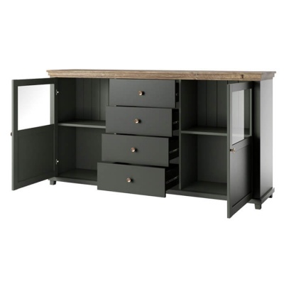 Aparador Vitrine Clássico em Verde e Carvalho Evora