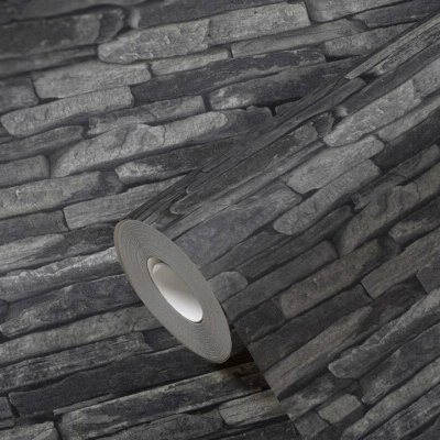 Papel de Parede Pedra, Xisto, Casa de Campo, Preto, Cinzento 9142-24