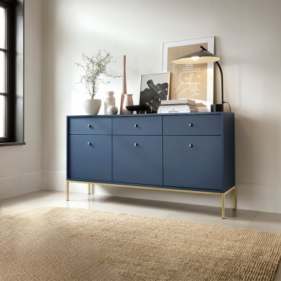 Aparador Largo Azul Navi com Pernas em Dourado Mono