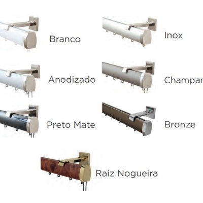 Varões de cortina em várias cores com ganchos e suportes de fixação