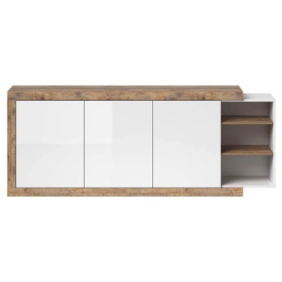 Móvel de arrumação com portas brancas e estrutura em madeira clara com prateleiras