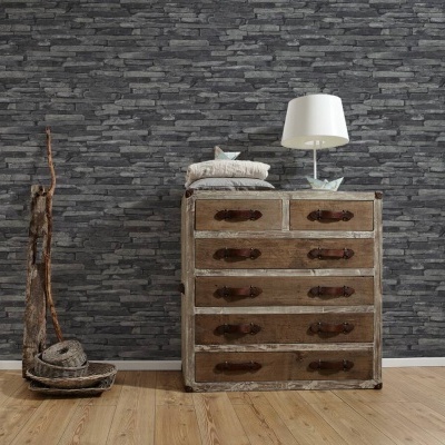 Papel de Parede Pedra, Xisto, Casa de Campo, Preto, Cinzento 9142-24