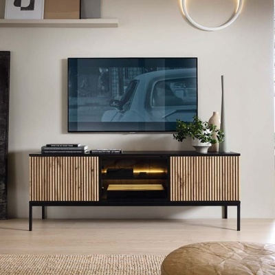 Móvel TV Carvalho com Ripas em Preto e Leds Sento