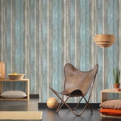 Papel de Parede Madeira, Casa de Campo, Azul, Creme, Cinzento 31993-2