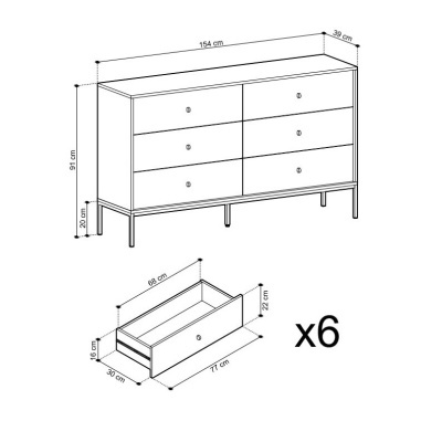 Aparador com 6 Gavetas Azul Navi com Pernas em Preto Mono