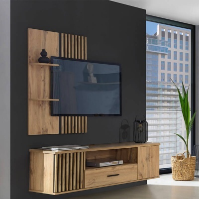 Painel Parede Ripas Madeira e Prateleiras Lamelo