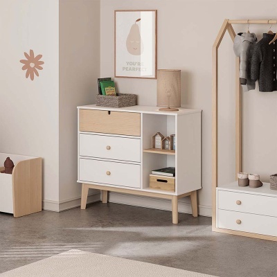 Cómoda Para Criança com 3 Gavetas em Branco e Pinho