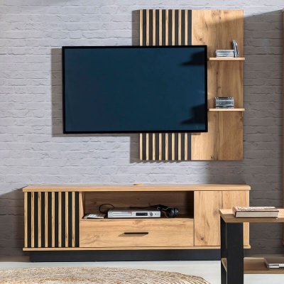 Painel Parede Ripas Madeira e Prateleiras Lamelo