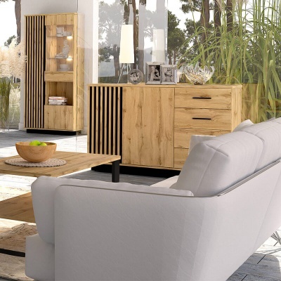 Aparador com Frente Ripada Carvalho e Preto Lamelo