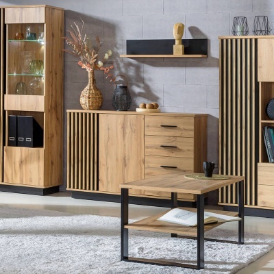 Aparador com Frente Ripada Carvalho e Preto Lamelo