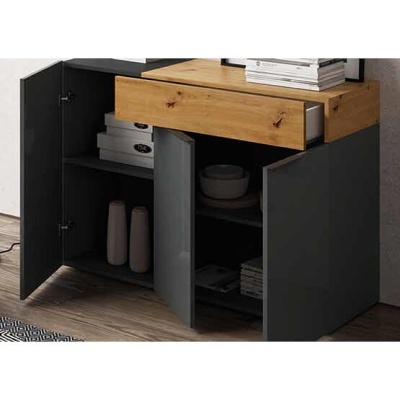 Aparador Cinza Alto Brilho e Madeira Artisan