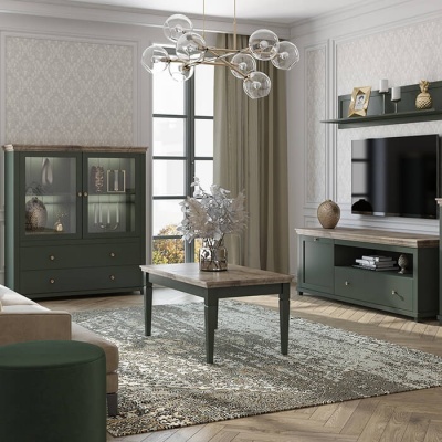 Sala de Estar Clássica Completa em Verde e Carvalho Evora