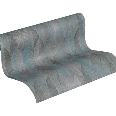 Papel de Parede Tropical, Folhas, Gráficos, Preto, Azul, Cinza, Prata 37373-3