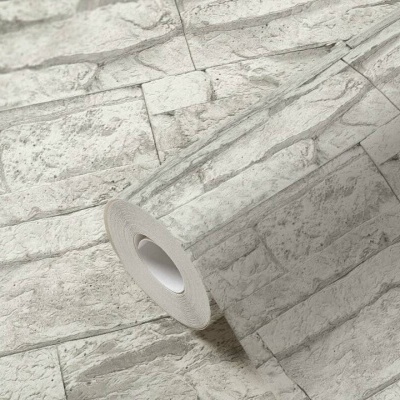 Rolo de papel de parede com padrão tipo pedra cinza claro