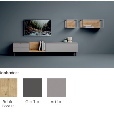 Conjunto de móveis suspensos cinzentos em parede cinzenta com imagem de floresta