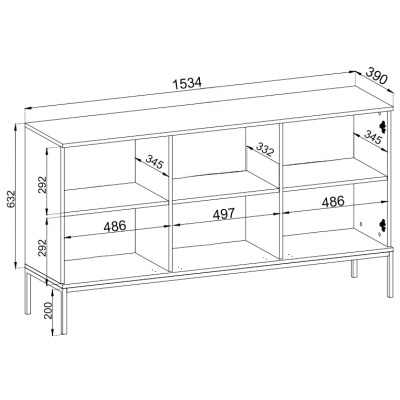 Desenho técnico de estante branca com medidas e seis compartimentos