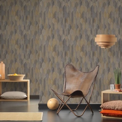 Papel de Parede Tropical, Folhas, Gráficos, Preto, Dourado, Metálico 37373-5