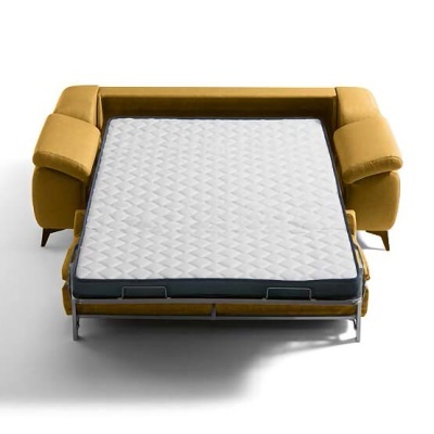 sofá cama amarelo aberto com colchão branco