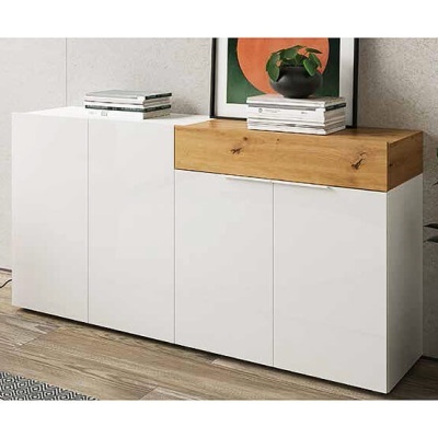 Aparador Largo Branco Alto Brilho e Madeira Artisan