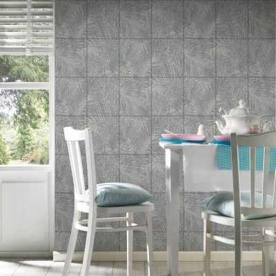 Papel de Parede Tropical, Folhas, Selva, Floral, Azulejo, Preto, Cinza, Branco 37372-2