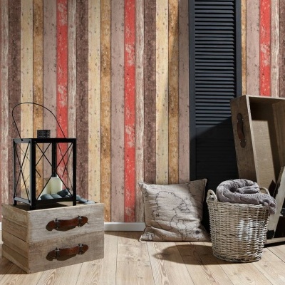 Papel de Parede Madeira, Casa de Campo, Bege, Castanho, Vermelho 8951-27