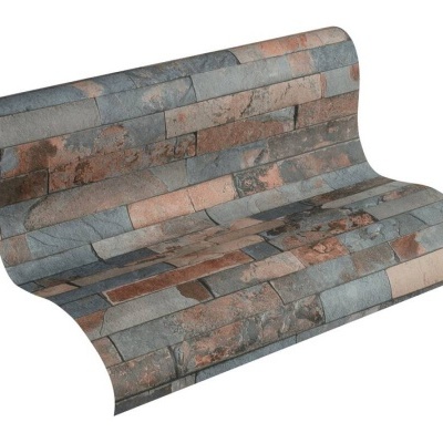 Rolo de papel de parede com padrão de tijolos multicoloridos cinza, bege e vermelho