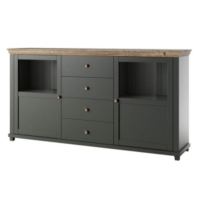 Aparador Vitrine Clássico em Verde e Carvalho Evora