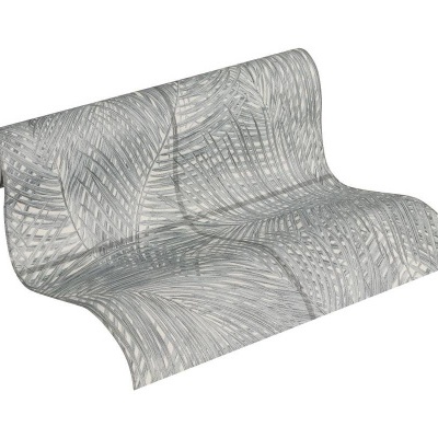 Papel de Parede Tropical, Folhas, Selva, Floral, Azulejo, Preto, Cinza, Branco 37372-2