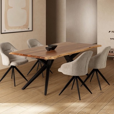 Mesa de Jantar Rústica Madeira de Acácia e Pernas de Metal