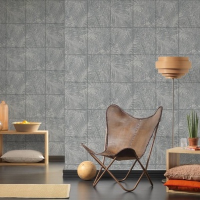 Papel de Parede Tropical, Folhas, Selva, Floral, Azulejo, Preto, Cinza, Branco 37372-2