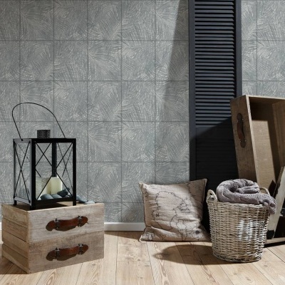 Papel de Parede Tropical, Folhas, Selva, Floral, Azulejo, Preto, Cinza, Branco 37372-2