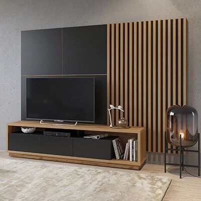 Móvel TV e Painel Laminado Madeira Preto Celine